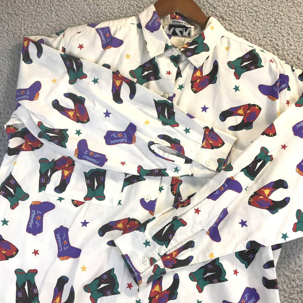 Vintage KZK Shirt Womens Medium Boots 100% Cotton Button Up Western Southwest